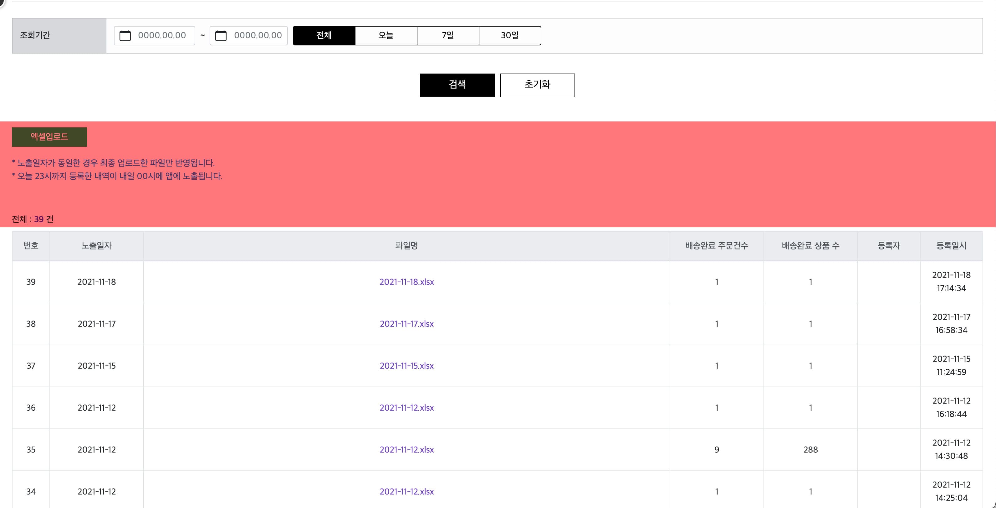 조회 건수 위에 버튼이나 notice 문구가 들어가는 형태