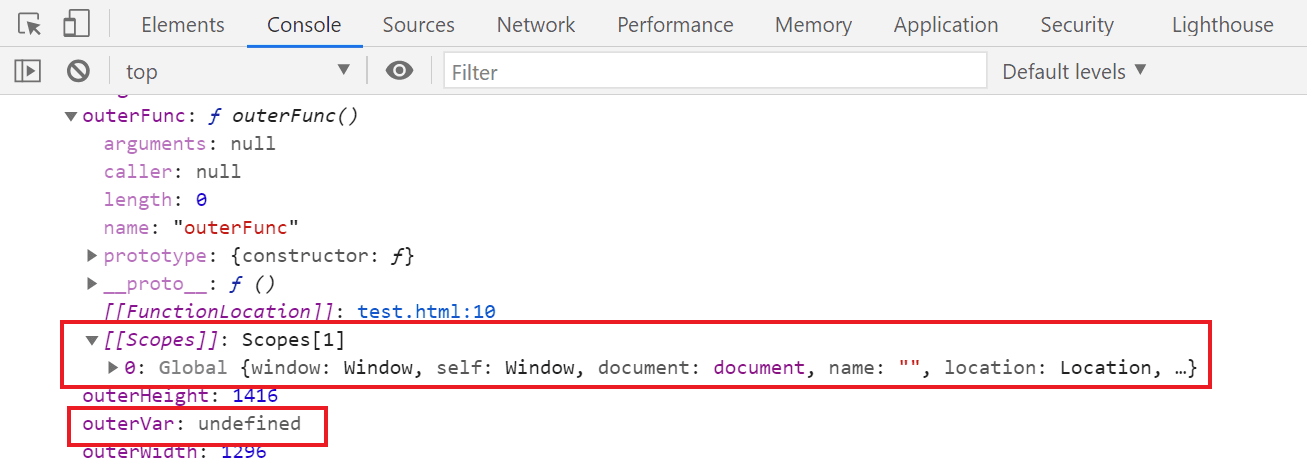 실험삼아 outerVar라는 전역변수도 선언해봤지만, [[Scopes]] 프로퍼티는 outerFunc 함수에만 생성됩니다.